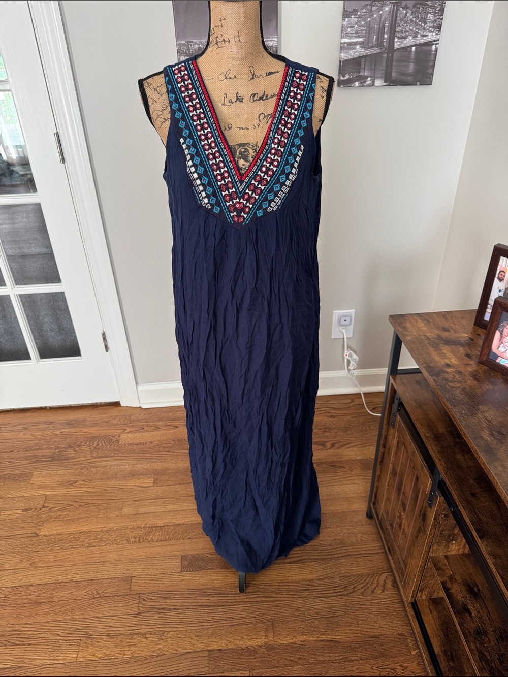 Westport Navy Maxi Dress with Pink and Turquoise Embroidered V-Neck